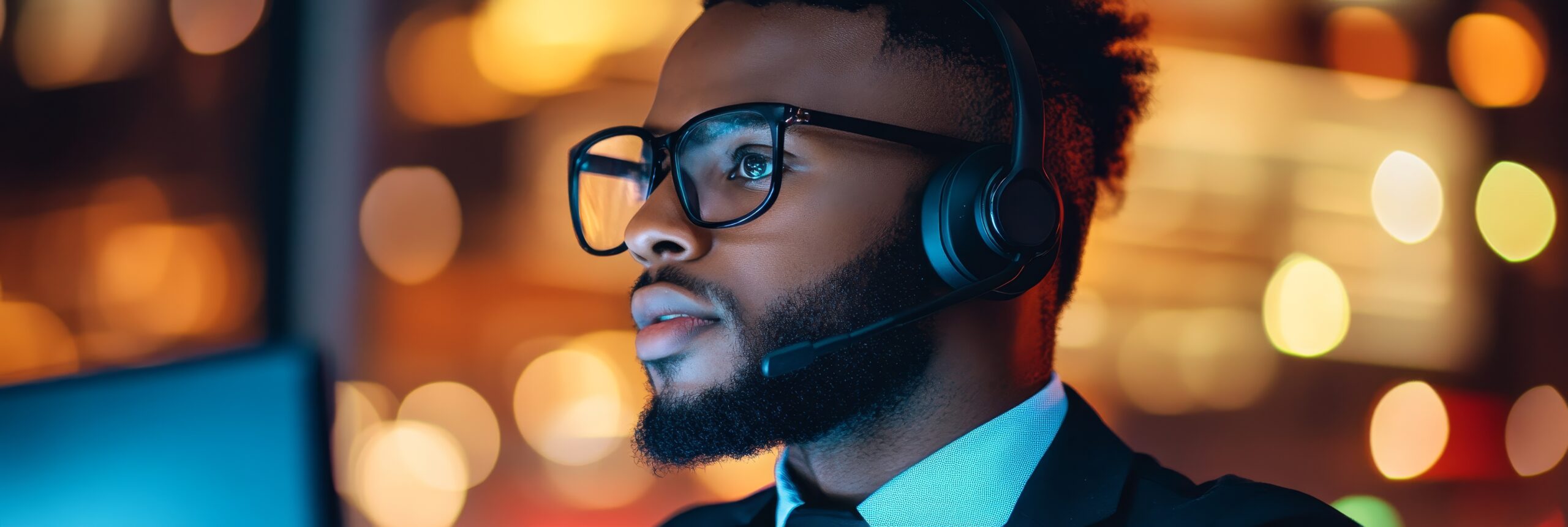professional african american man wearing glasses headset is focused computer scre scaled
